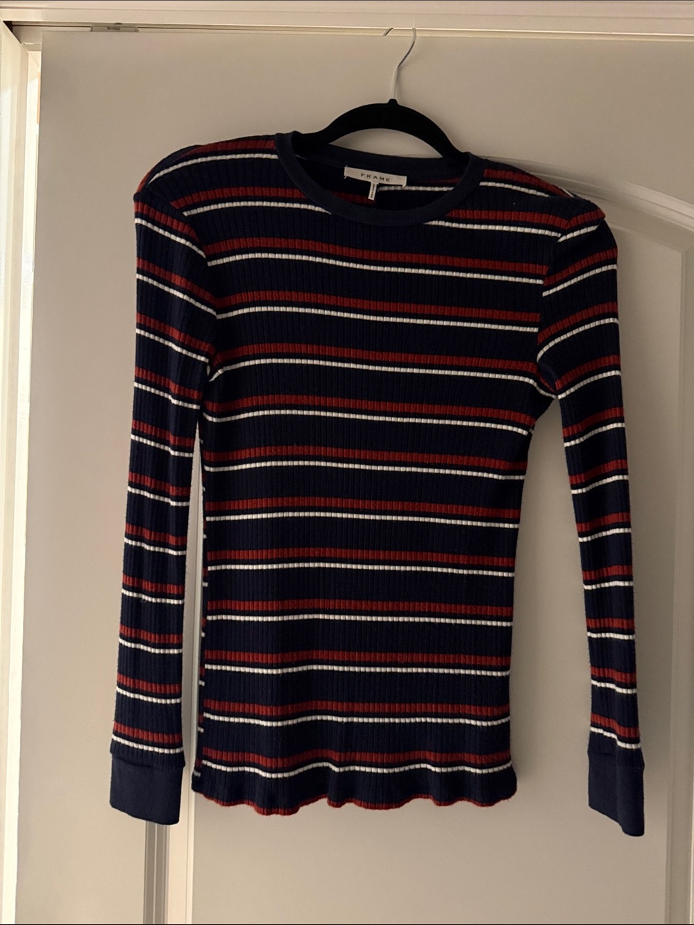 Frame Denim Navy, Red & White Ribbed Crewneck Sweater